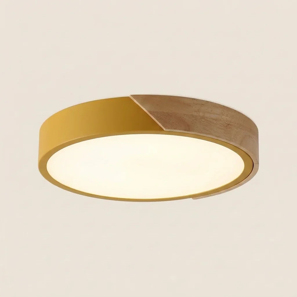 Plafonnier LED extra-plat à cadre jaune et insert en bois