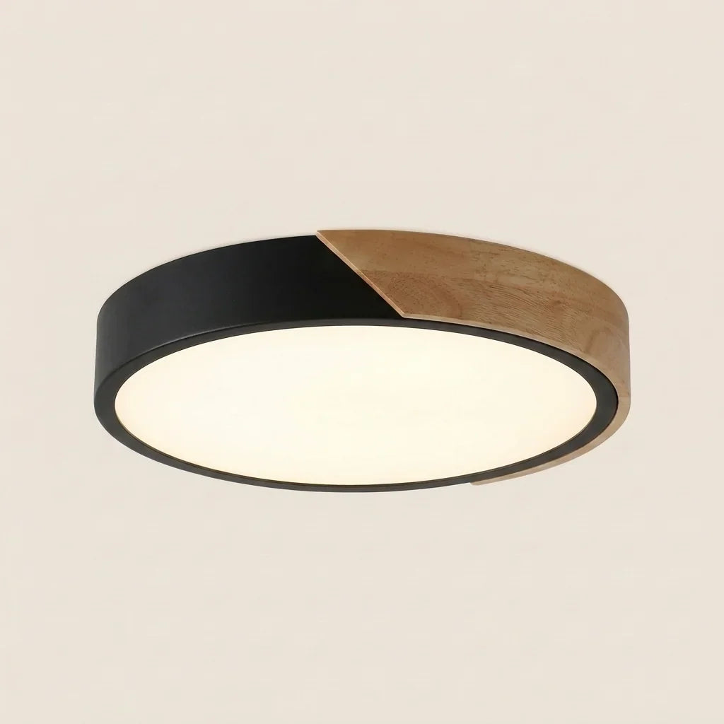 Plafonnier LED extra-plat à cadre noir et insert en bois