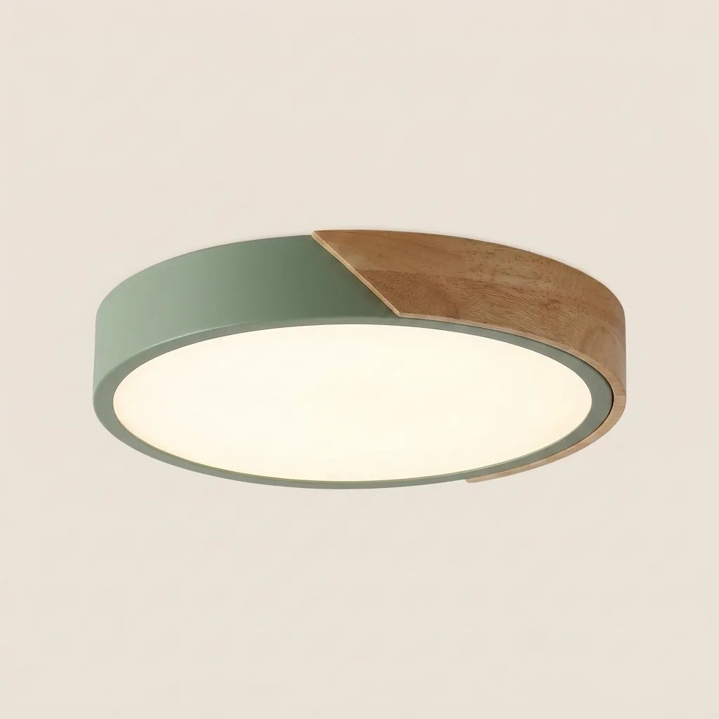 Plafonnier LED extra-plat à cadre vert et insert en bois