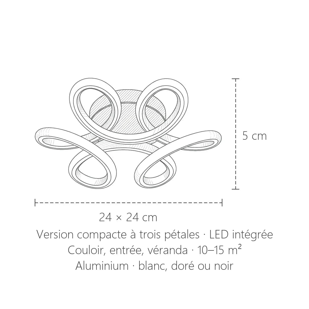 Dimensions du plafonnier LED fleur compact : 24 × 24 cm, 5 cm de haut