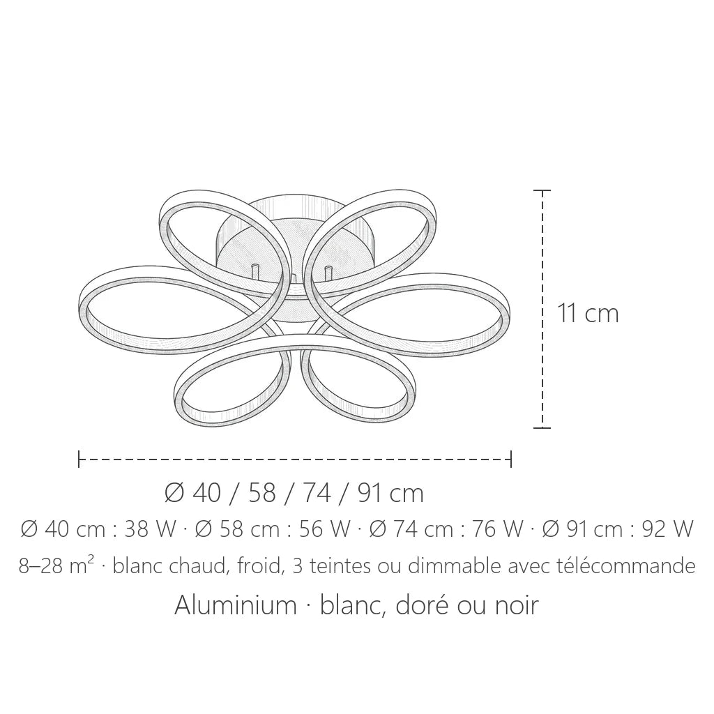 Dimensions du plafonnier LED fleur : Ø 40 à 91 cm, 11 cm de haut