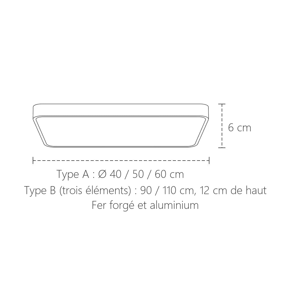 Dimensions du plafonnier LED galet : Ø 40 à 60 cm ou 3 éléments 90 / 110 cm