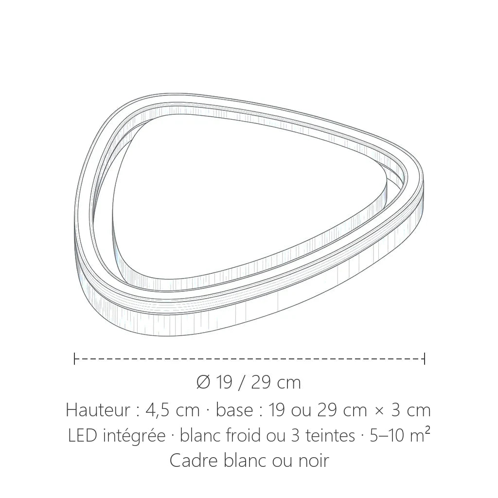 Dimensions du plafonnier LED galet : Ø 19 ou 29 cm, 4,5 cm de haut