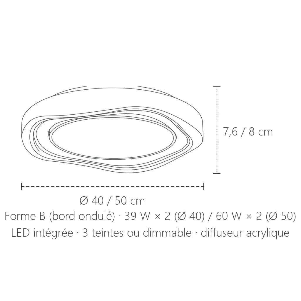 Dimensions du plafonnier LED forme B bord ondulé : Ø 40 ou 50 cm, hauteur 7,6 ou 8 cm