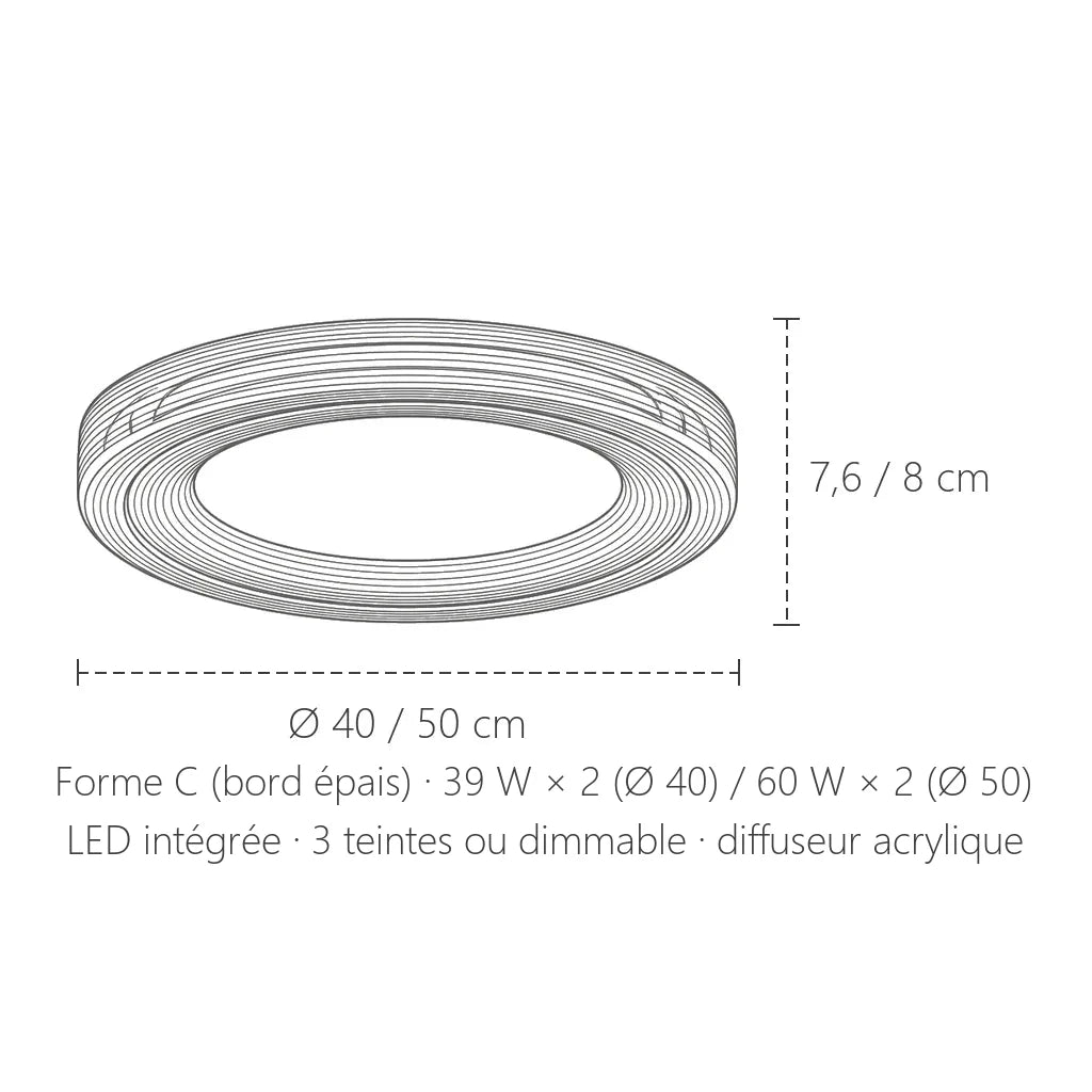 Dimensions du plafonnier LED forme C bord épais : Ø 40 ou 50 cm, hauteur 7,6 ou 8 cm