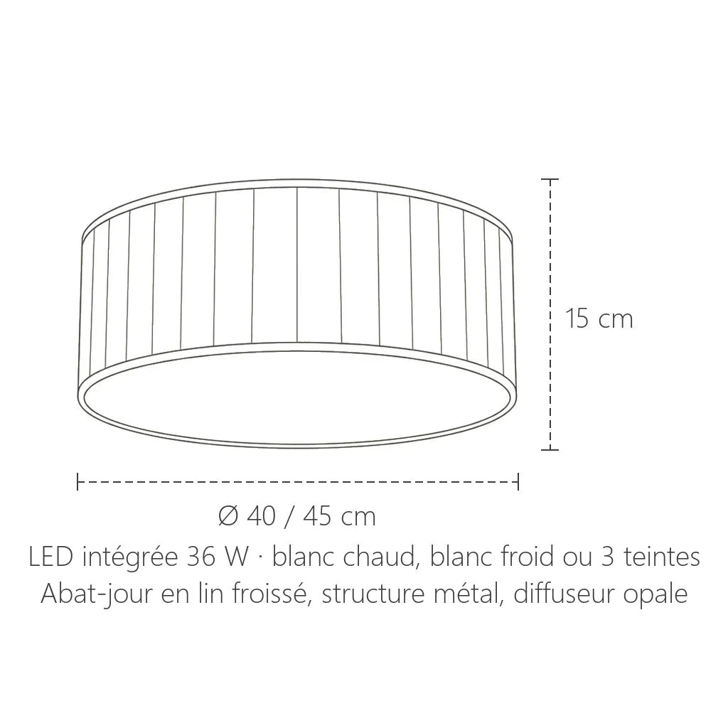 Dimensions du plafonnier LED en lin froissé : Ø 40 ou 45 cm, 15 cm de haut