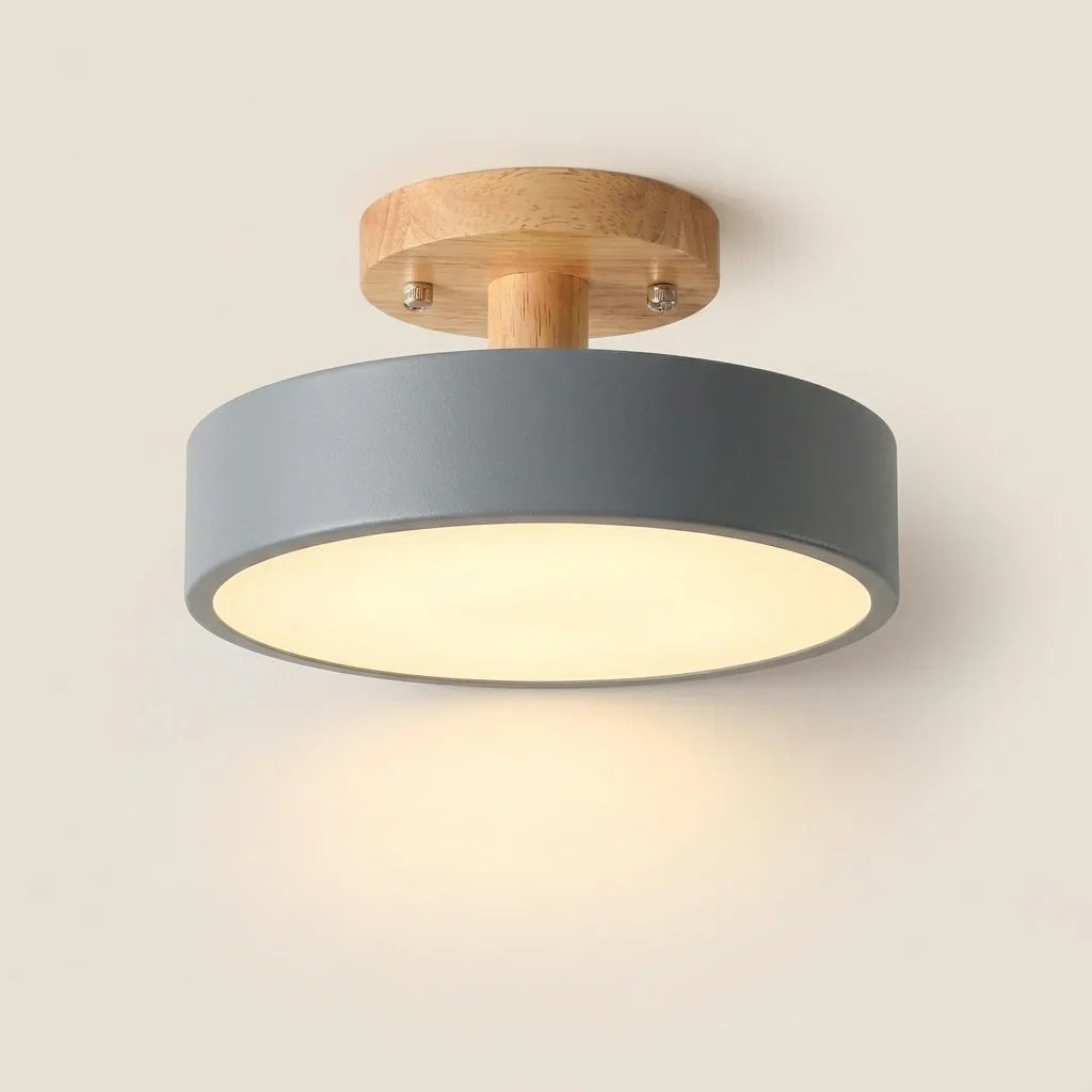 Plafonnier LED macaron gris et rosace en bois