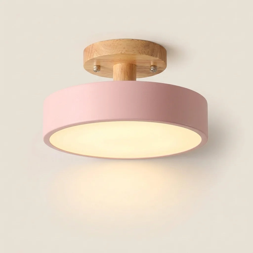 Plafonnier LED macaron rose et rosace en bois