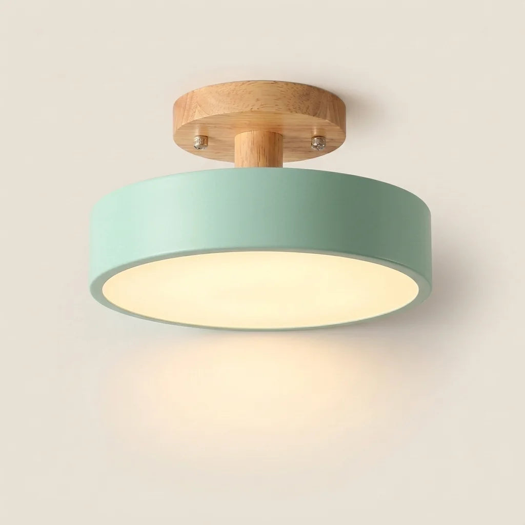 Plafonnier LED macaron vert menthe et rosace en bois