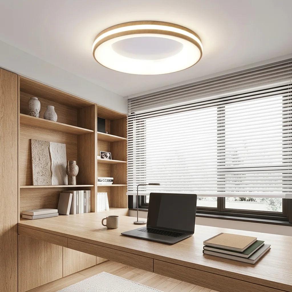 Plafonnier macaron effet bois dans un bureau