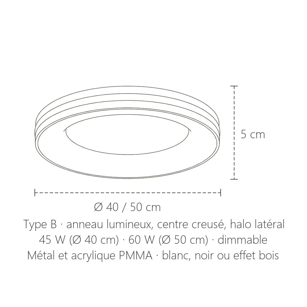 Dimensions du plafonnier macaron modèle B : Ø 40 ou 50 cm, 5 cm de haut