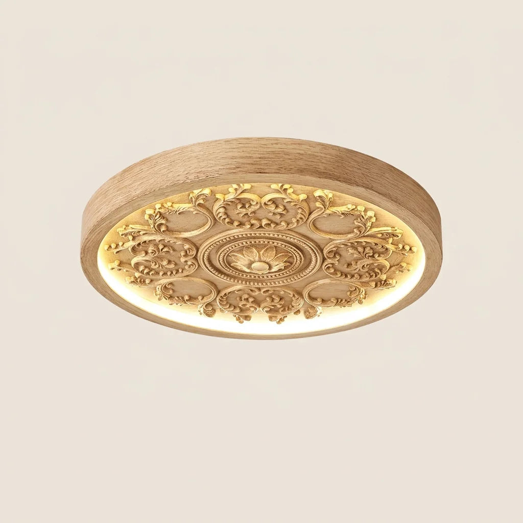 Plafonnier LED moulure sculptée cadre bois clair, lumière chaude