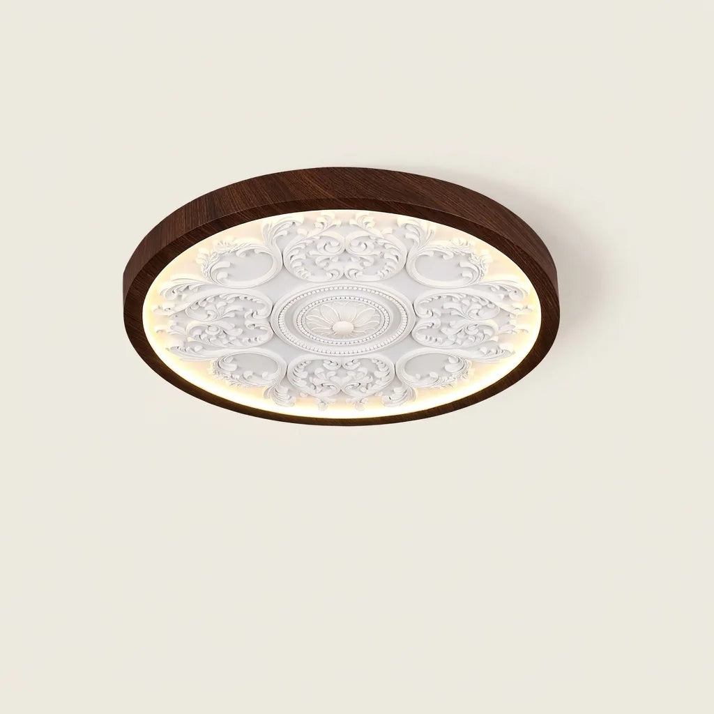 Plafonnier LED moulure sculptée cadre noyer