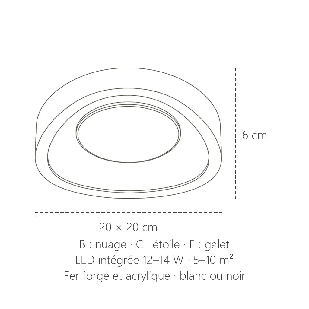 Dimensions du petit plafonnier LED nuage, étoile ou galet : 20 × 20 cm, 6 cm de haut