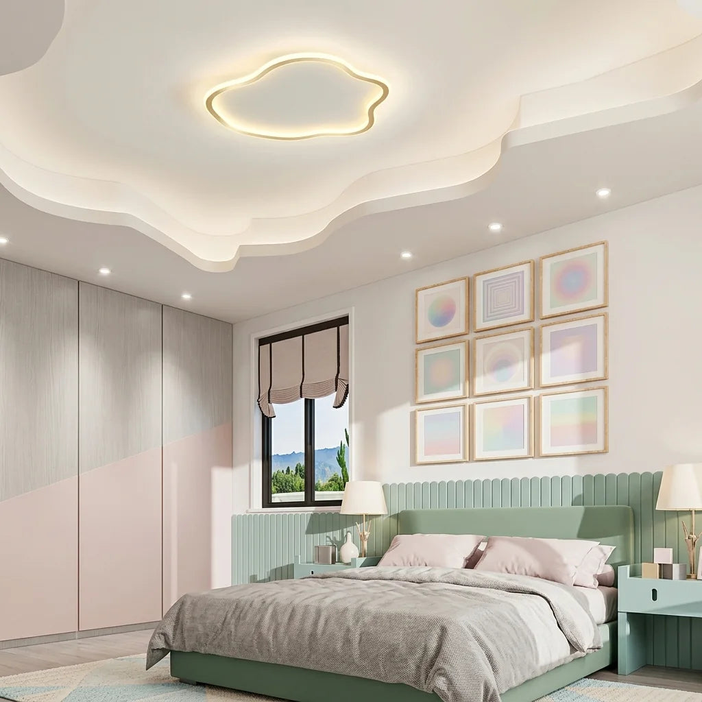 Plafonnier nuage dans une chambre d’enfant au plafond ondulé