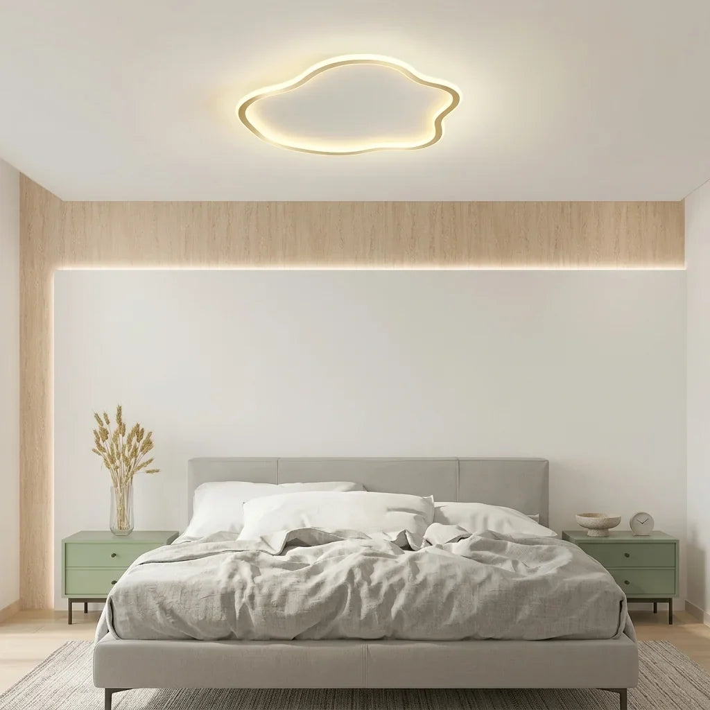 Plafonnier nuage à bordure dorée dans une chambre apaisante