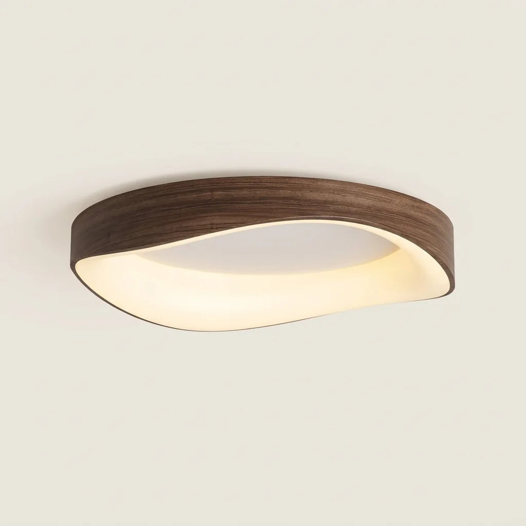 Plafonnier LED rond à anneau ondulé finition noyer, lumière chaude