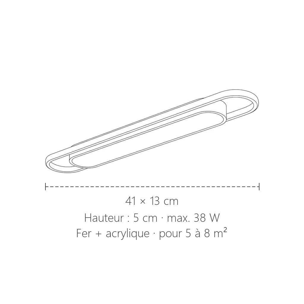 Dimensions du plafonnier LED ovale allongé : 41 × 13 cm, hauteur 5 cm