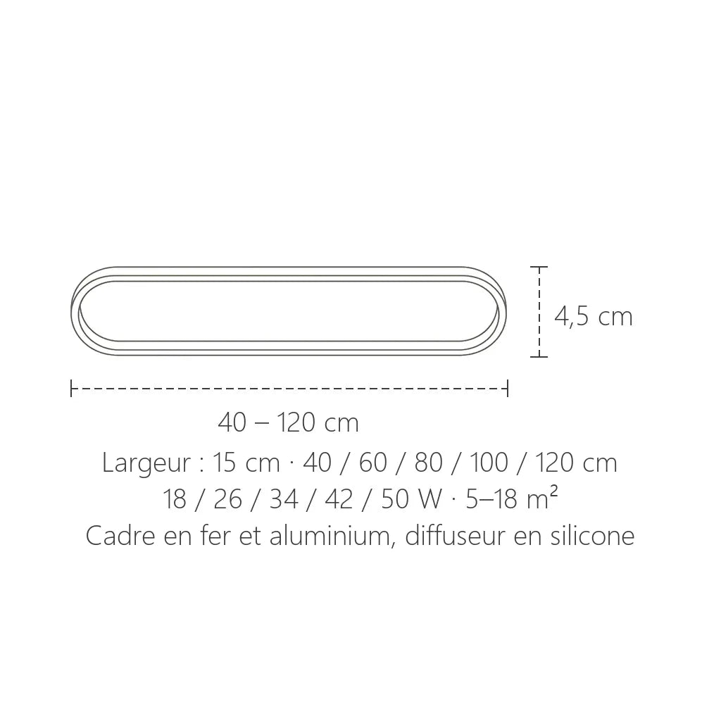 Dimensions du plafonnier LED ovale allongé : 40 à 120 cm, 15 cm de large