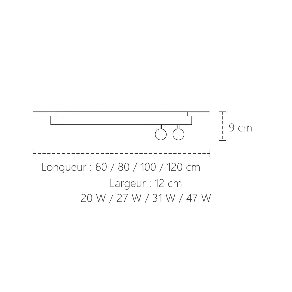 Dimensions du plafonnier LED anneau ovale à globes : 60 à 120 cm de long, 9 cm de haut