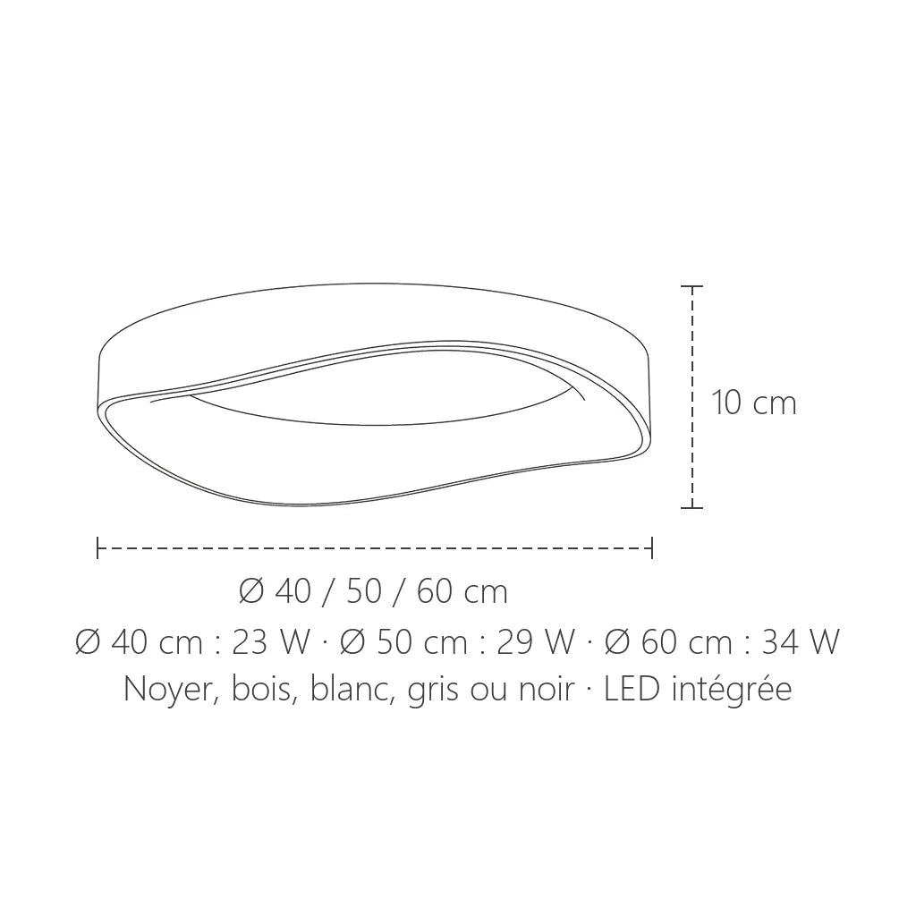 Dimensions du plafonnier LED ondulé : Ø 40, 50 ou 60 cm, 10 cm de haut