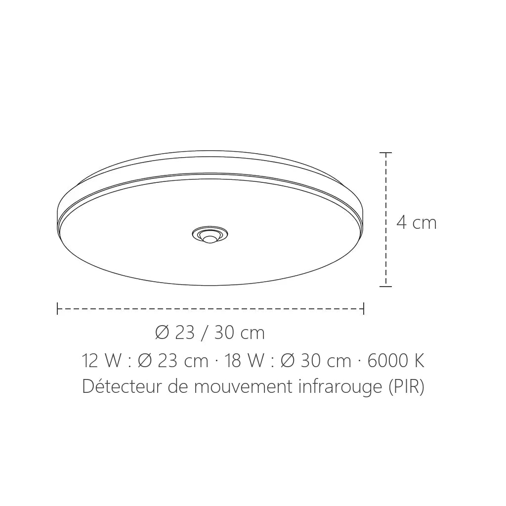 Dimensions du plafonnier LED à détecteur : Ø 23 ou 30 cm, 4 cm de haut