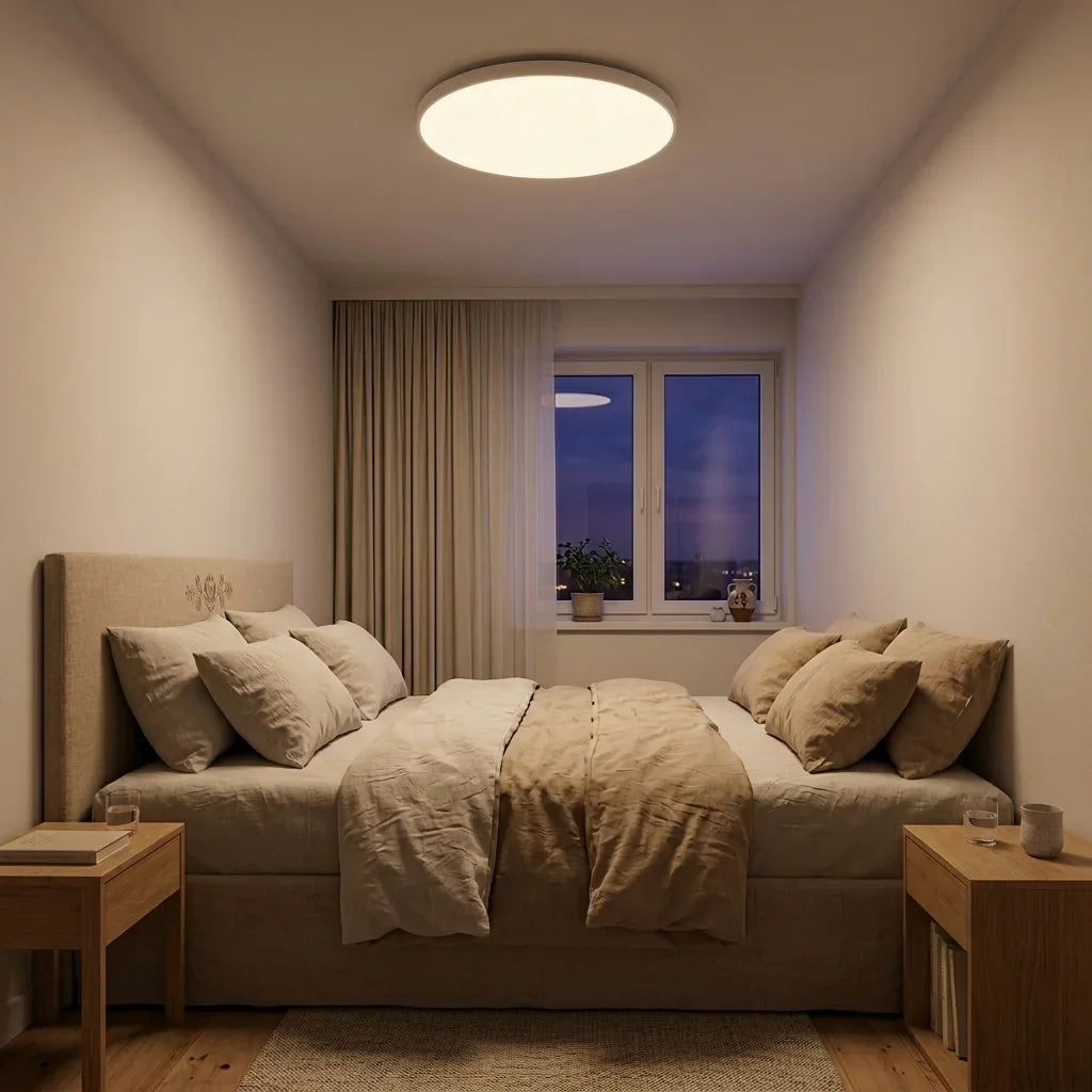 Plafonnier LED blanc en lumière tamisée dans une chambre