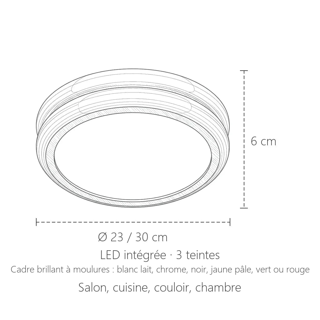 Dimensions du plafonnier LED rond coloré à moulures : Ø 23 ou 30 cm, 6 cm de haut