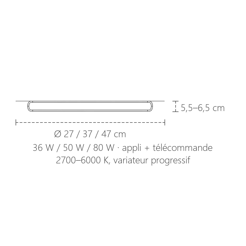 Dimensions du plafonnier LED rond connecté : Ø 27, 37 ou 47 cm