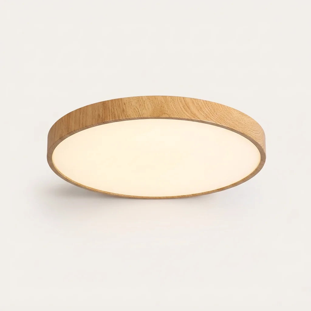 Plafonnier LED rond extra-plat à cadre effet bois