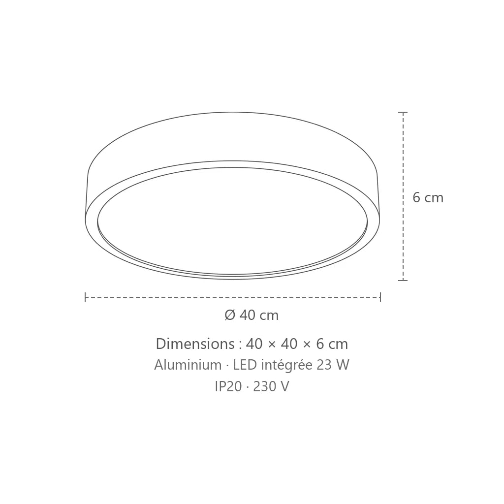 Dimensions : plafonnier led rond extra-plat (Ø 40 cm), 40 × 40 × 6 cm