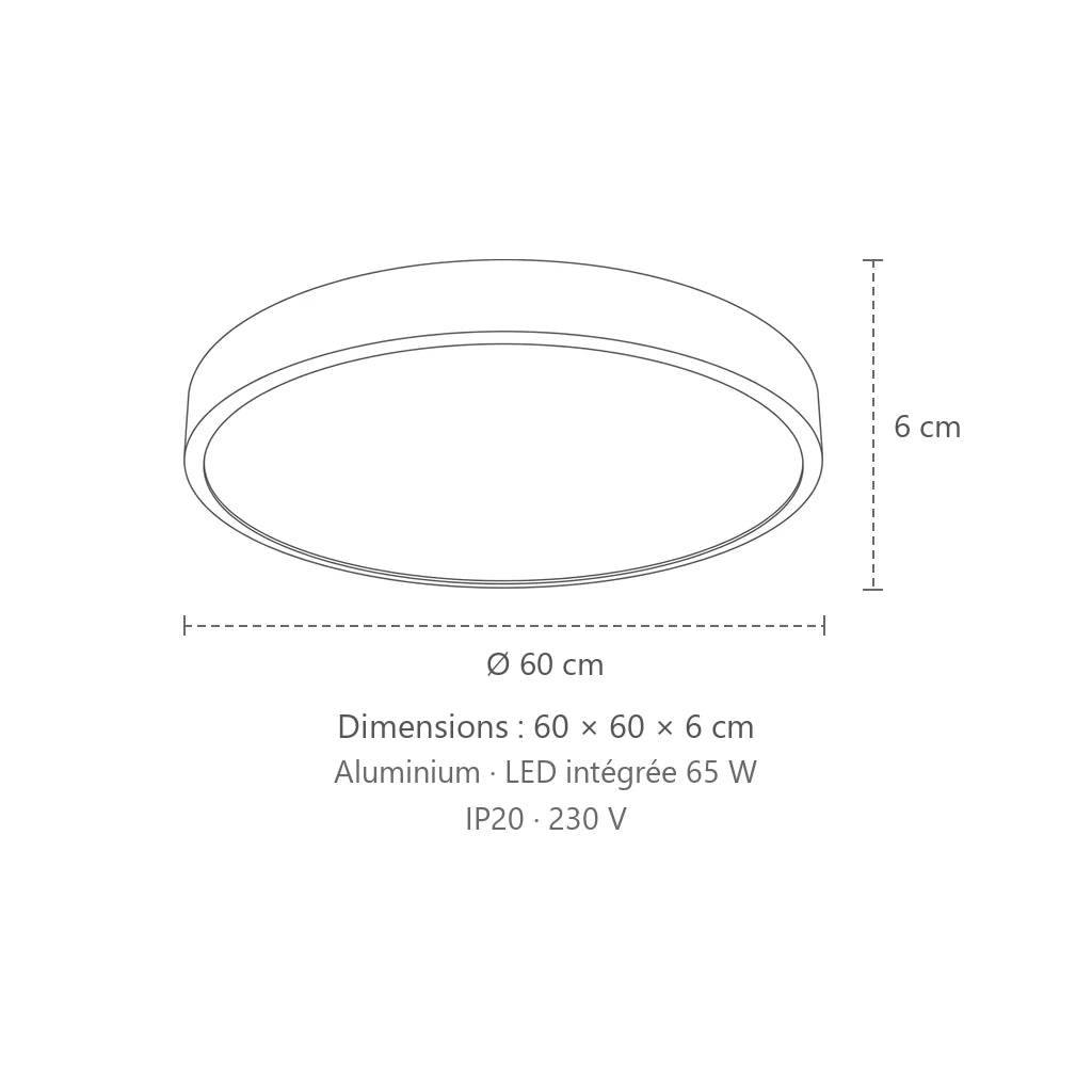 Dimensions : plafonnier led rond extra-plat (Ø 60 cm), 60 × 60 × 6 cm