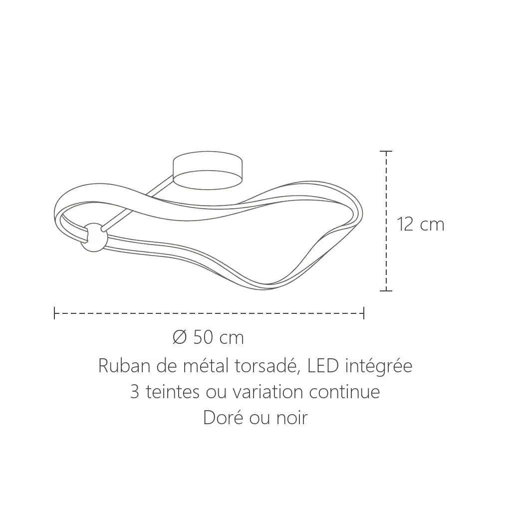 Dimensions du plafonnier LED ruban torsadé : Ø 50 cm, 12 cm de haut
