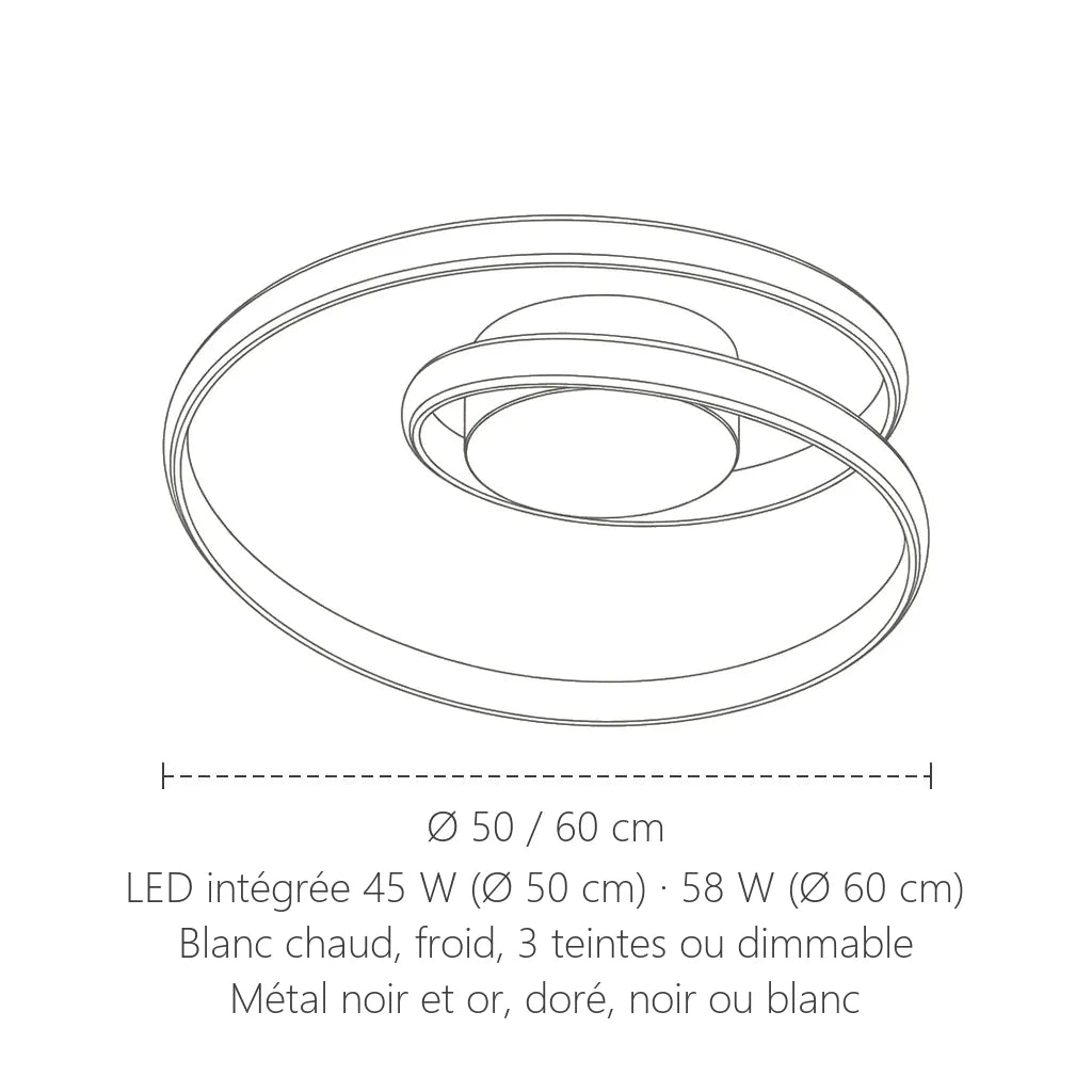 Dimensions du plafonnier LED spirale : Ø 50 ou 60 cm