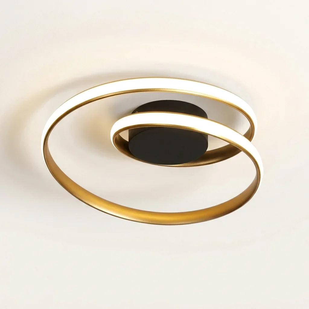 Plafonnier LED spirale noir et or, allumé