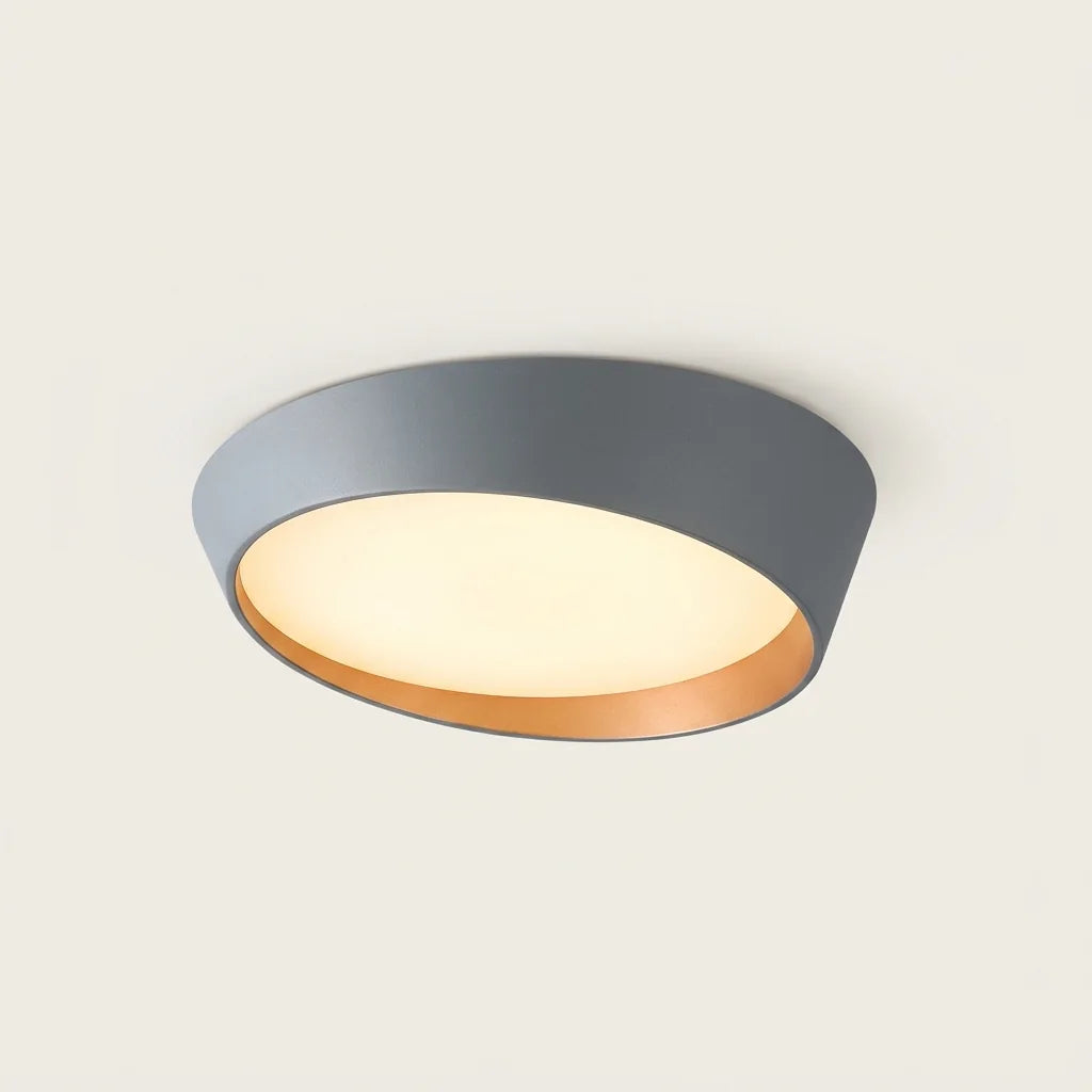 Plafonnier LED tambour biseauté gris à liseré cuivré