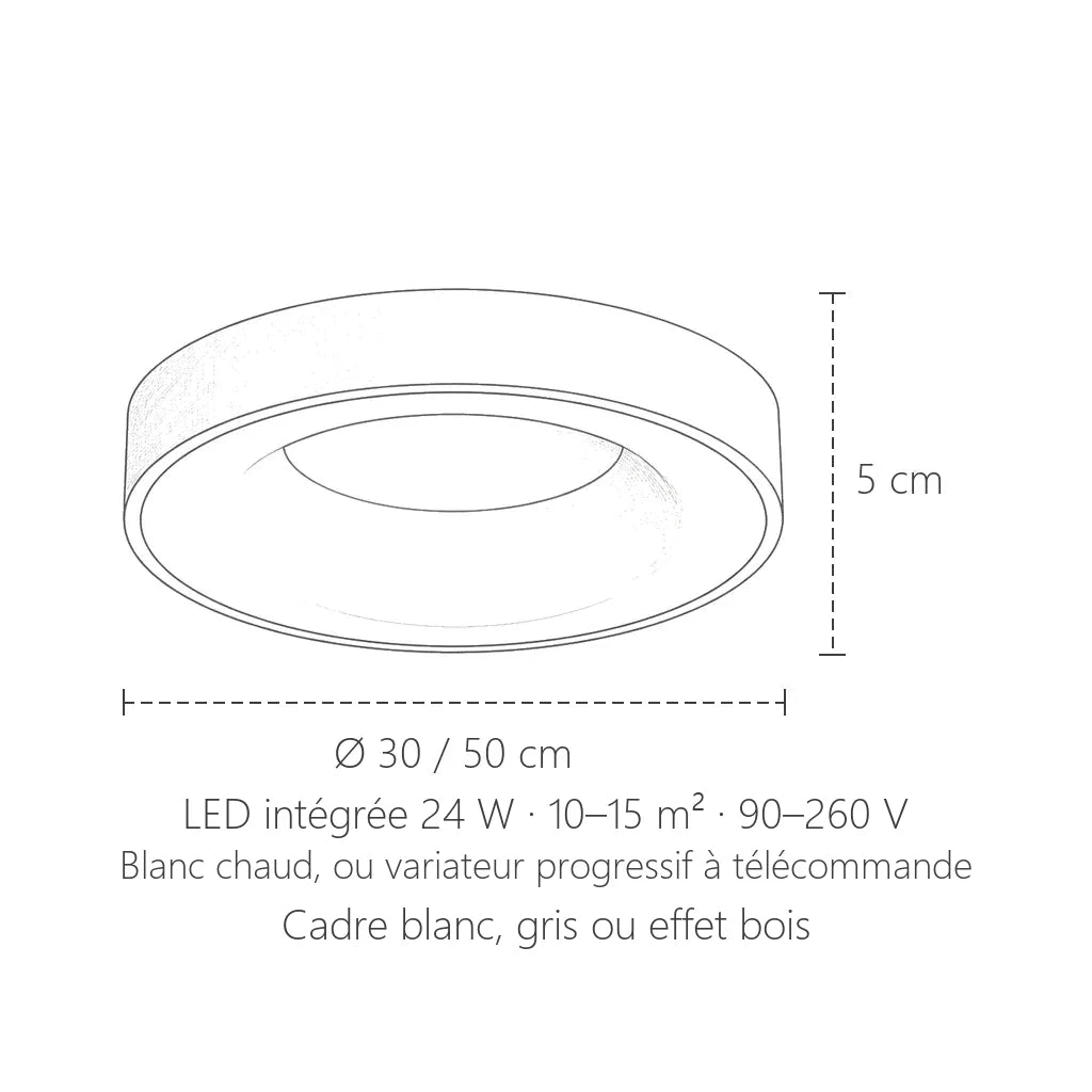 Dimensions du plafonnier LED tambour extra-plat : Ø 30 ou 50 cm, 5 cm de haut
