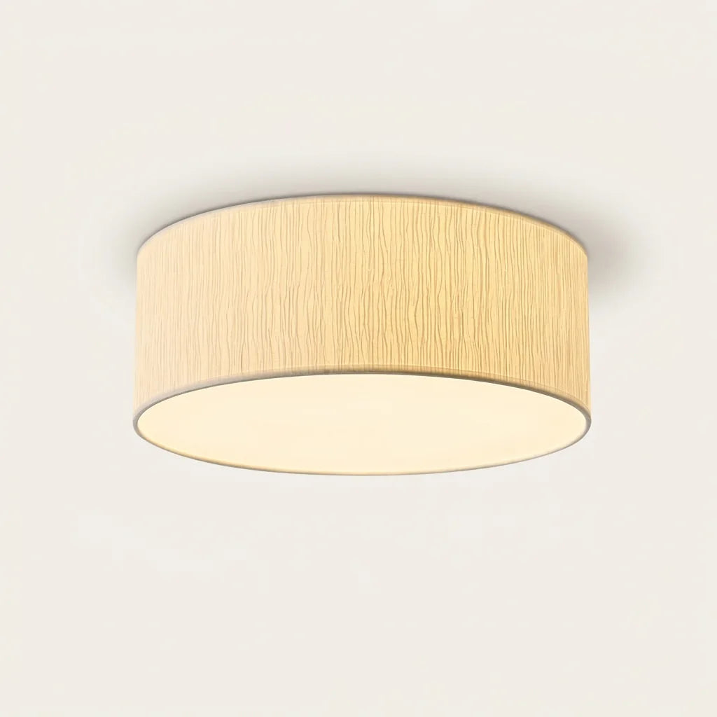Plafonnier LED tambour en lin froissé, lumière chaude