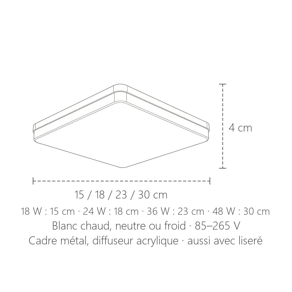 Dimensions du plafonnier LED ultra-fin carré : 15 à 30 cm, 4 cm de haut