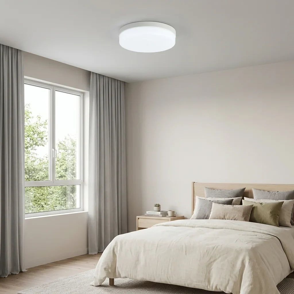 Plafonnier LED rond dans une chambre lumineuse