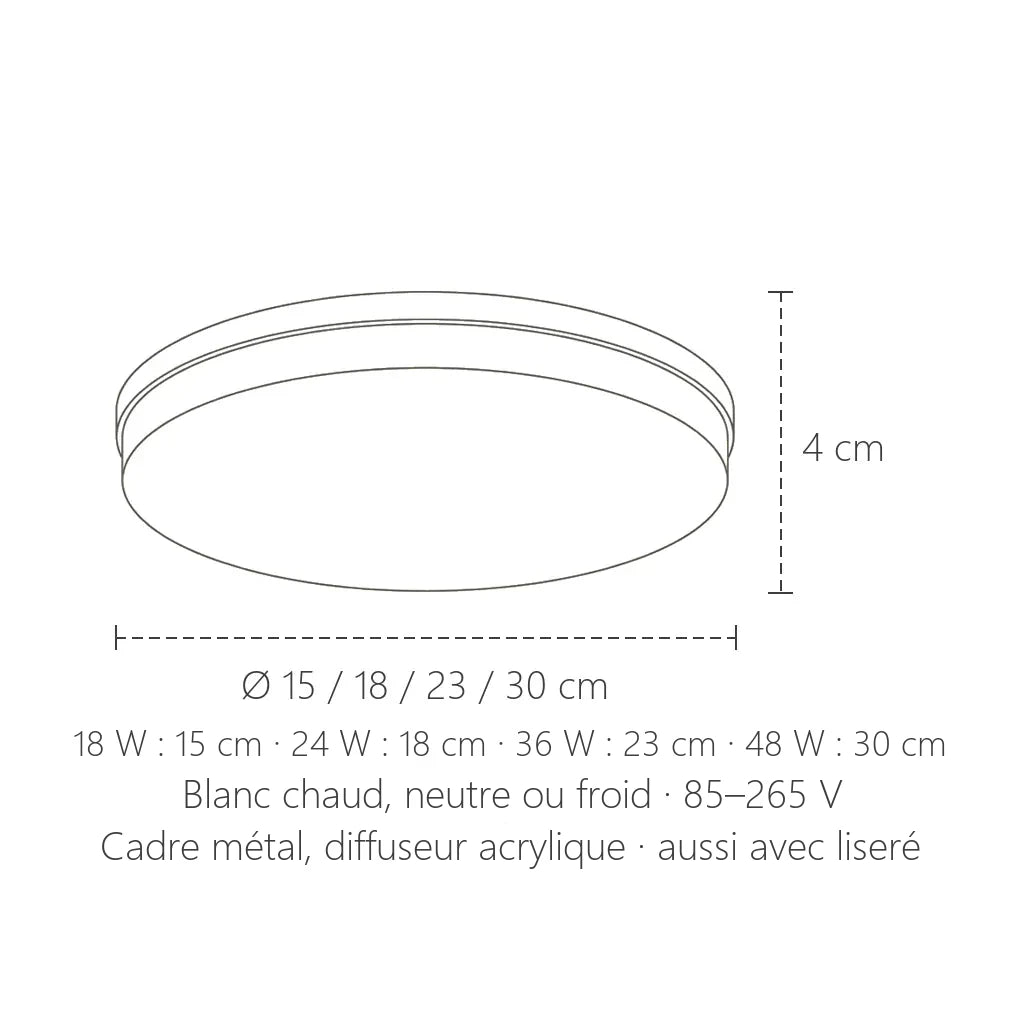 Dimensions du plafonnier LED ultra-fin rond : Ø 15 à 30 cm, 4 cm de haut