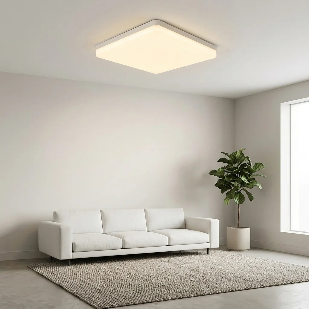 Plafonnier LED carré dans un salon minimaliste