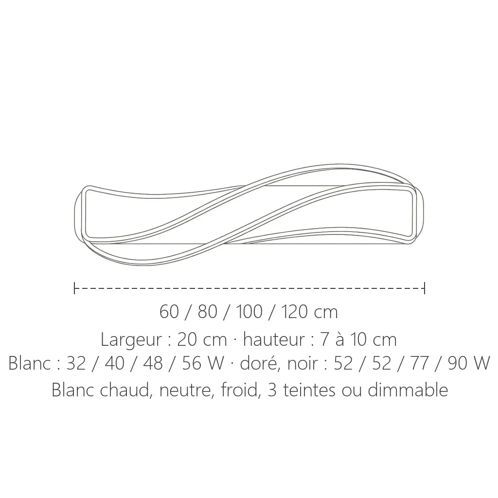 Dimensions du plafonnier LED vague allongé : 60 à 120 cm, 20 cm de large