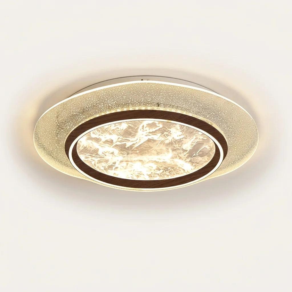 Plafonnier LED à anneau noyer, bord cristal et centre marbré crème (D)