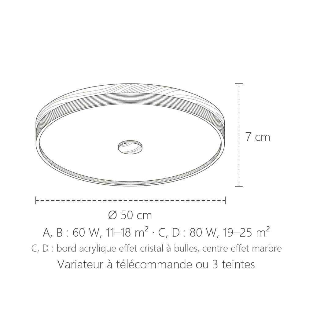Dimensions du plafonnier LED vintage : Ø 50 cm, 7 cm de haut