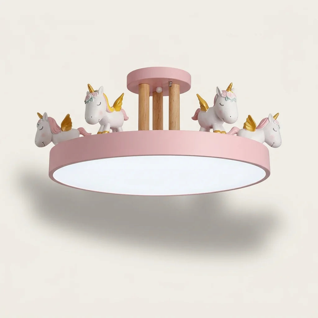 Plafonnier licornes rose à support en bois