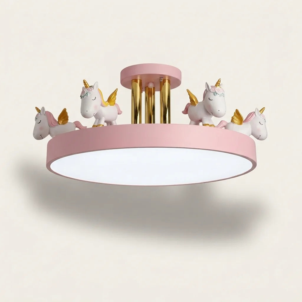 Plafonnier licornes rose à support métal doré