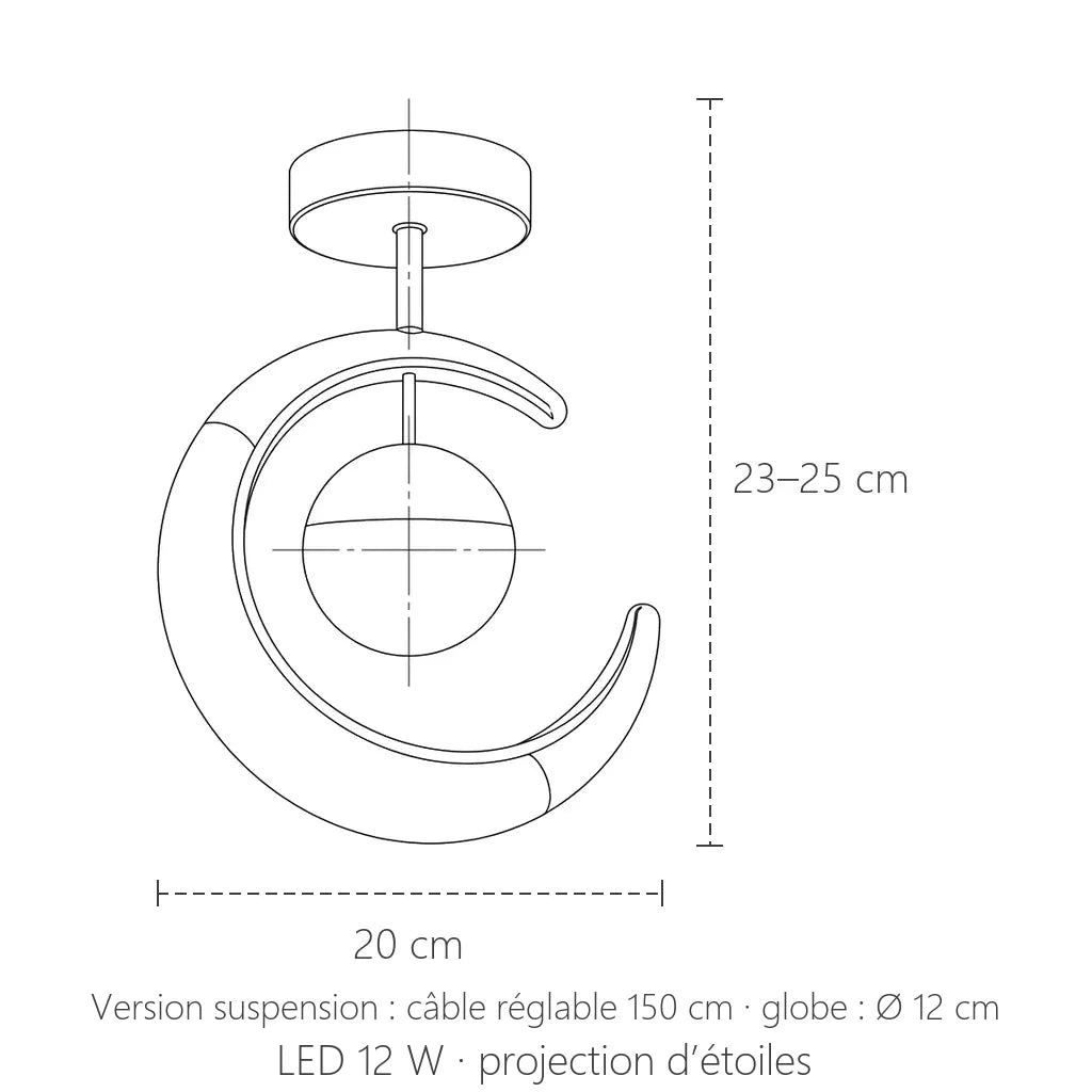 Dimensions du luminaire lune : 20 cm, 23 à 25 cm de haut