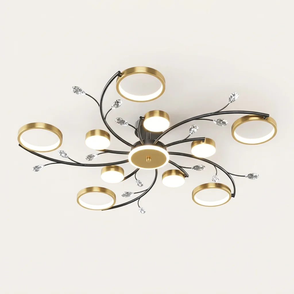 Plafonnier lustre 10 bras noir et doré à anneaux LED et cristaux