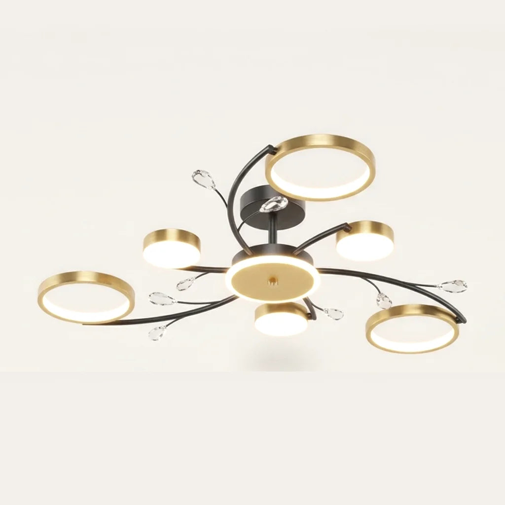 Plafonnier lustre 6 bras noir et doré à anneaux LED et cristaux